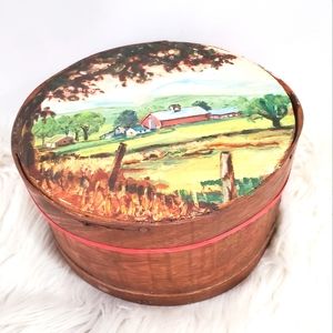 Vintage wood  cheese box pantry storage sewing box hand painted